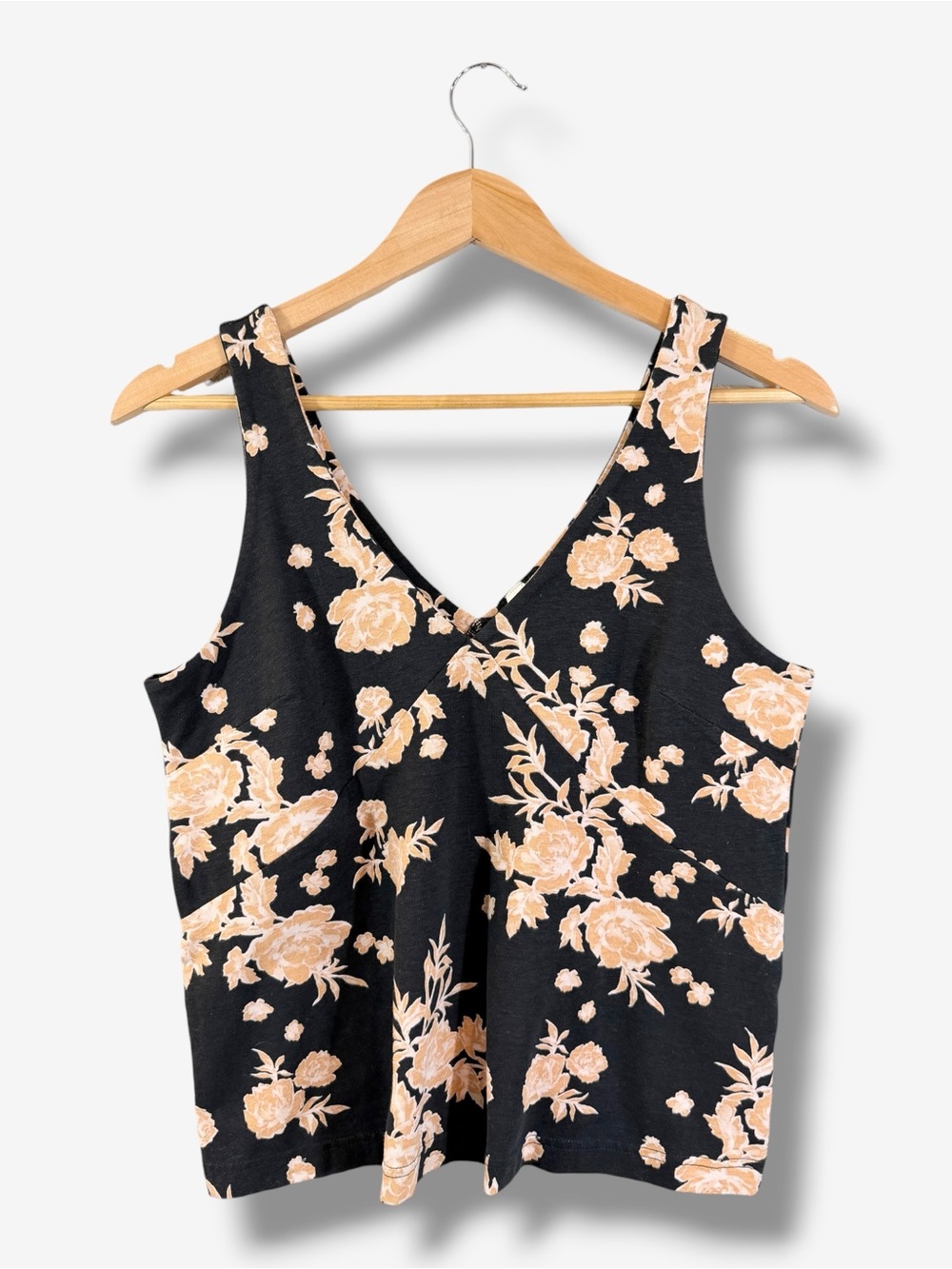 Pact Black Floral V-Neck Tank Top Size M Coral Orange Organic Cotton Casual